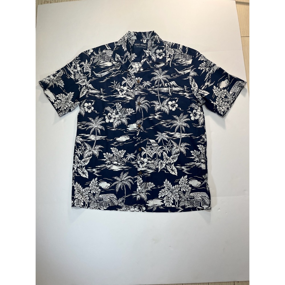 Kent Wang Mens Tropical Palm‎ Tree Aloha Camp Collar Shirt L Hawaiian Resortwear